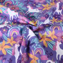 Tissu Popeline de Coton Poppy Licorne sur fond Parme