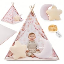 Tente Tipi Enfant en Bois Pin et Tissu Tapis Antidérapant LED 100x100cm Rose