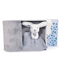 Coffret cadeau naissance plaid et Doudou Lapin Happy Glossy - 70 x 100 cm - doudou et compagnie