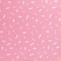 Tissu Triple gaze de coton Plumes et feuilles blanches sur fond Vieux rose
