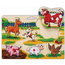 Puzzle en bois les animaux de la ferme - 6 pieces - eichhorn - puzzle a encastrer - puzzle avec boutons