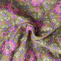 Tissu Matelassé réversible Lila fleurs Roses sur fond Vert olive