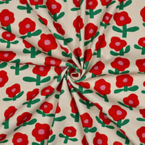 Tissu Jersey cotêlé Bio Jennifer Bouron fleurs Rouge et Vert sur fond Ecru