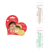 Kit pour biscuit en relief Coeur + 2 Stylos au chocolat blanc et vert d'eau