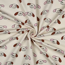 Tissu Sweat léger Bio Jennifer Bouron chiens Rose et Marron sur fond Ecru
