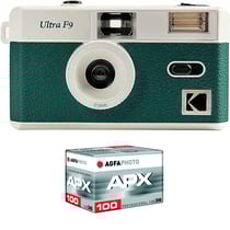 KODAK Pack F9 Argentique + Pellicule 100 ASA - Appareil Photo Kodak Rechargeable 35mm Vert, Objectif Grand Angle Fixe, Viseur optique , Flash Intégré + Pellicule APX 100, 36 poses