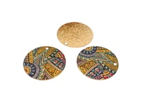 2 Breloques rondes 20mm pailletées imprimé art deco bleu-jaune-doré