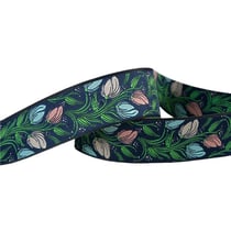 Bobine 15m galon jacquard fleurs bleu marine 24mm