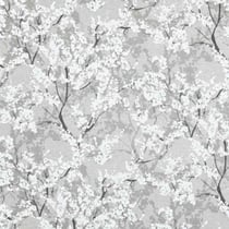 Tissu Toile Savoie enduit fleurs Yoshino sur fond Gris clair - Au mètre