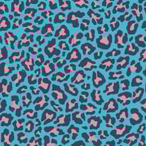 Tissu Popeline de Coton Léo Pop tacheté Léopard rose et bleu marine sur fond Bleu turquoise