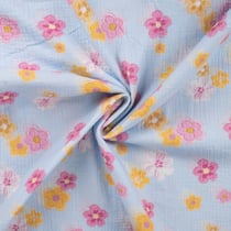 Tissu Double gaze de Coton Digital Fleurs roses et jaunes sur fond Bleu ciel