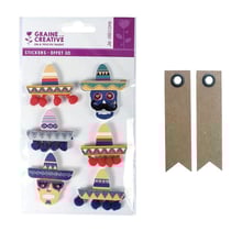 6 stickers 3D Sombreros 5,5 cm + 20 étiquettes kraft Fanion