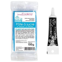 Pâte à sucre bleue 100 g + Stylo de glaçage noir