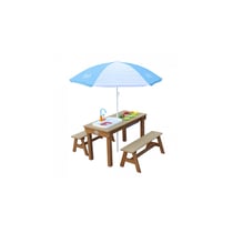 AXI Dennis Table sable et eau Picnic avec cuisine evier et banc Marron Parasol Bleu Blanc