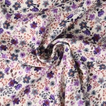 Tissu Jersey Bord Côte stretch fleurs Ambrie Violettes sur fond Blanc