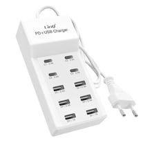 LinQ Station de Charge Multiport 4 USB-C + 6 USB 50W Câble 1m Compact Blanc