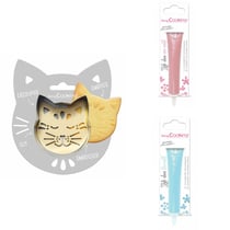 Kit pour biscuit en relief Chat + 2 Stylos au chocolat rose pastel et bleu pastel