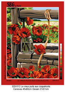 Canevas antique Le vieux puit aux coquelicots 45x60cm
