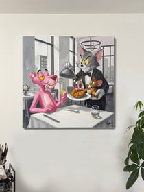 Tableau peinture originale sur toile — Cauchemar au restaurant — art contemporain — Art mural Calbarracin — 100 x 100 cm
