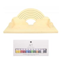 Etagère bois arc-en-ciel et 12 peintures acryliques