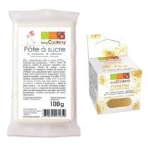 Pâte à sucre blanche 100 g + paillettes dorées