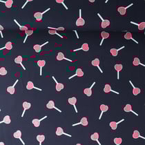 Tissu Jersey stretch Lolly coeurs Rose Paillettés sur fond Bleu marine