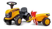 Porteur tracteur JCB avec volant directionnel avec klaxon, remorque, pelle et râteau - Jaune - Dès 12 mois - 100% Fabriqué en France - Contient 40% de Plastique recyclé - FALK
