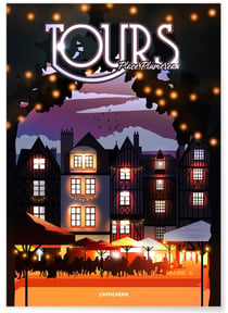 Affiche ville Tours : Place Plumereau nuit | A3 : 29,7x42cm