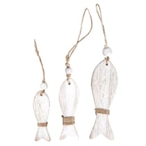 Poissons de bois à suspendre, blanc, 8+10+13cm, 3 pces