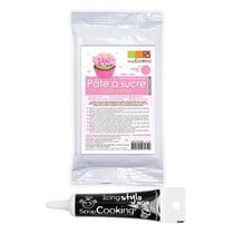 Pâte à sucre rose 250 g + Stylo de glaçage noir