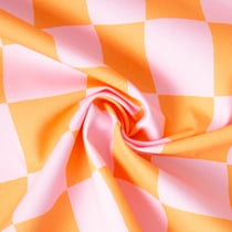 Tissu Toile de Coton d'ameublement Damier rose sur fond Orange