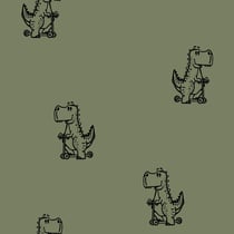 Tissu Popeline de Coton Dino Rider Dinosaures sur Trottinettes sur fond Vert kaki