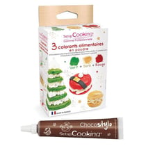3 colorants en poudre vert, rouge et doré + 1 Stylo chocolat