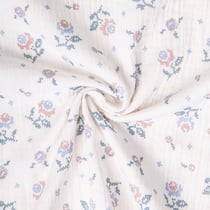 Tissu Double gaze de Coton Amina fleuris pastel sur fond Blanc cassé