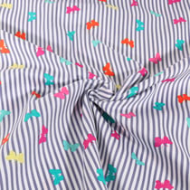 Tissu Coton extensible rayé bleu et Papillons colorés sur fond Blanc - Au mètre