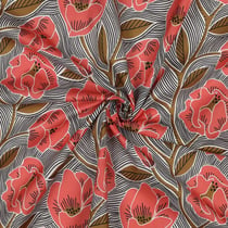 Tissu Voile de Coton digital Paola fleurs Corail et Bronze sur fond Blanc