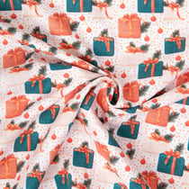Tissu Coton imprimé Santa cadeaux de Noël sur fond Blanc cassé