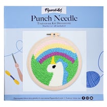 Figured'Art Punch Needle Kit Complet pour Adultes et Enfants - Licorne et Arc en Ciel - Parfait pour Débutant. Set prêt à broder taille 20x20cm avec cadre circulaire
