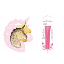 Kit pour biscuit en relief Licorne + Stylo au chocolat fuchsia