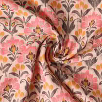 Tissu Double gaze de Coton Capucine fleurs Roses sur fond Beige - Au mètre
