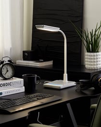 Lampe de Bureau Blanche en Pierre et Silicone 38 cm à LED et Bras Pliable Commande Tactile Variateur d'Intensité Lumineuse et Température