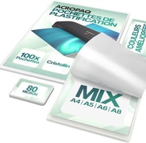 100 Pochettes de Plastification (20 x A4, A5, A6, 40 x A8) 80 mic- 100 feuilles de Plastification Différentes tailles- bord arrondi- ACROPAQ