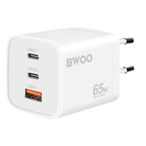 Bwoo Chargeur Secteur GaN 65W Multiports 2x USB C et 1x USB Compact Blanc