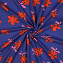 Tissu Jersey Coton Bio Jennifer Bouron fleurs Rouge sur fond Bleu marine