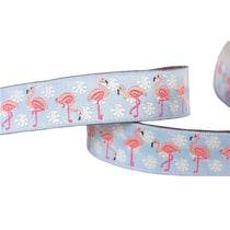 Galon jacquard flamants roses bleu clair 16mm au mètre