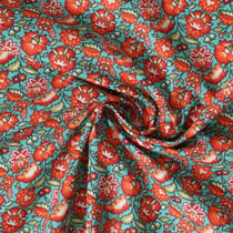Coupon Tissu Coton imprimé Arty Mirelda fleurs vintage Oranges sur fond Bleu turquoise - Par coupon de 3 mètres