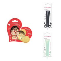 Kit pour biscuit en relief Coeur + 2 Stylos au chocolat noir et vert d'eau