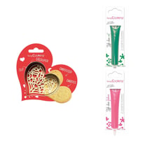 Kit pour biscuit en relief Coeur + 2 Stylos au chocolat vert et fuchsia