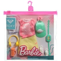 Coffret tenue vacance : jupe jaune et top rose + casquette et accessoires pour poupée barbie - vêtement - habit - mattel - grd60