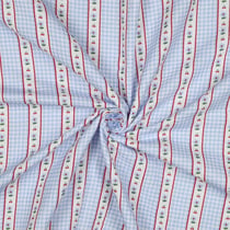Tissu Coton imprimé Rayures vichy fleuris bleu sur fond Blanc